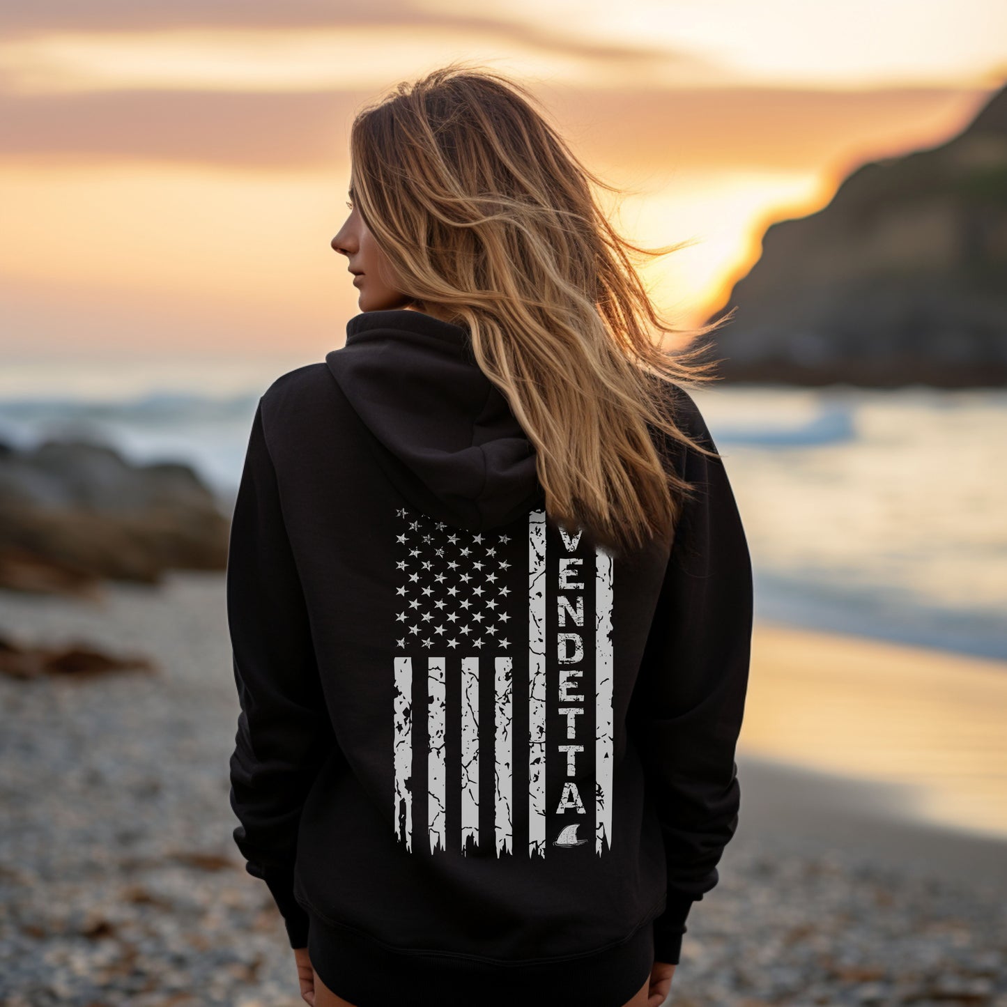 Black hoodie with white american flag and shark fin print. Beach apparel for women. Island apparel for men. Fishing and island gear.