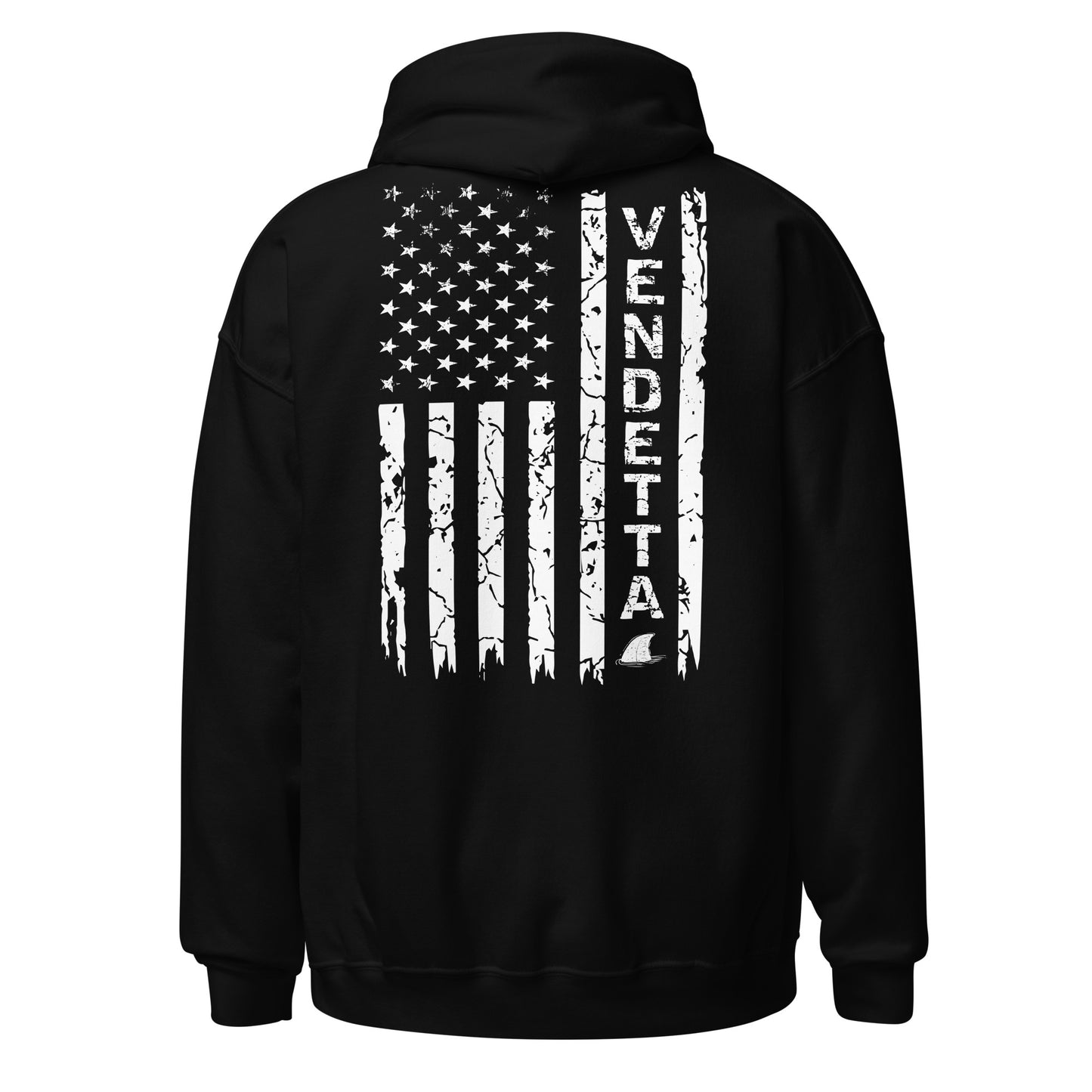 Black hoodie with white american flag and shark fin print. Beach apparel for women. Island apparel for men. Fishing and island gear.