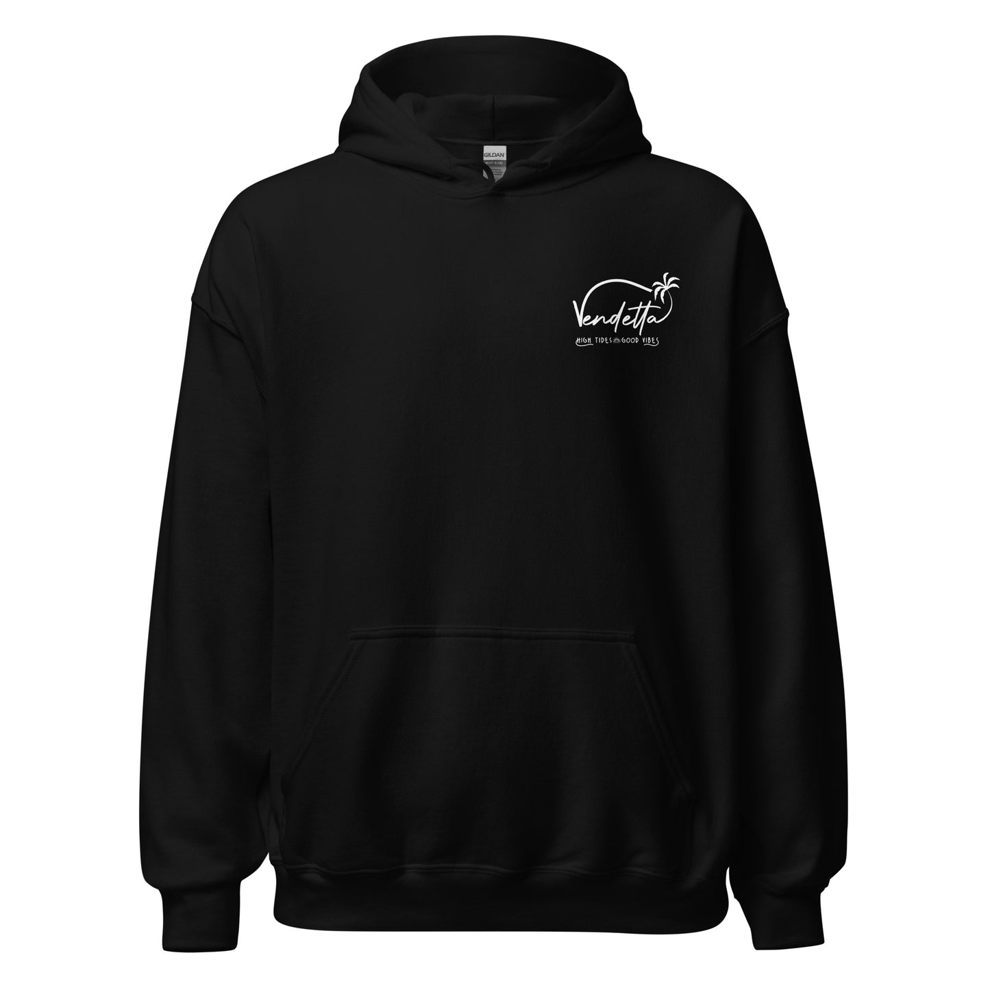 Black hoodie with white american flag and shark fin print. Beach apparel for women. Island apparel for men. Fishing and island gear.