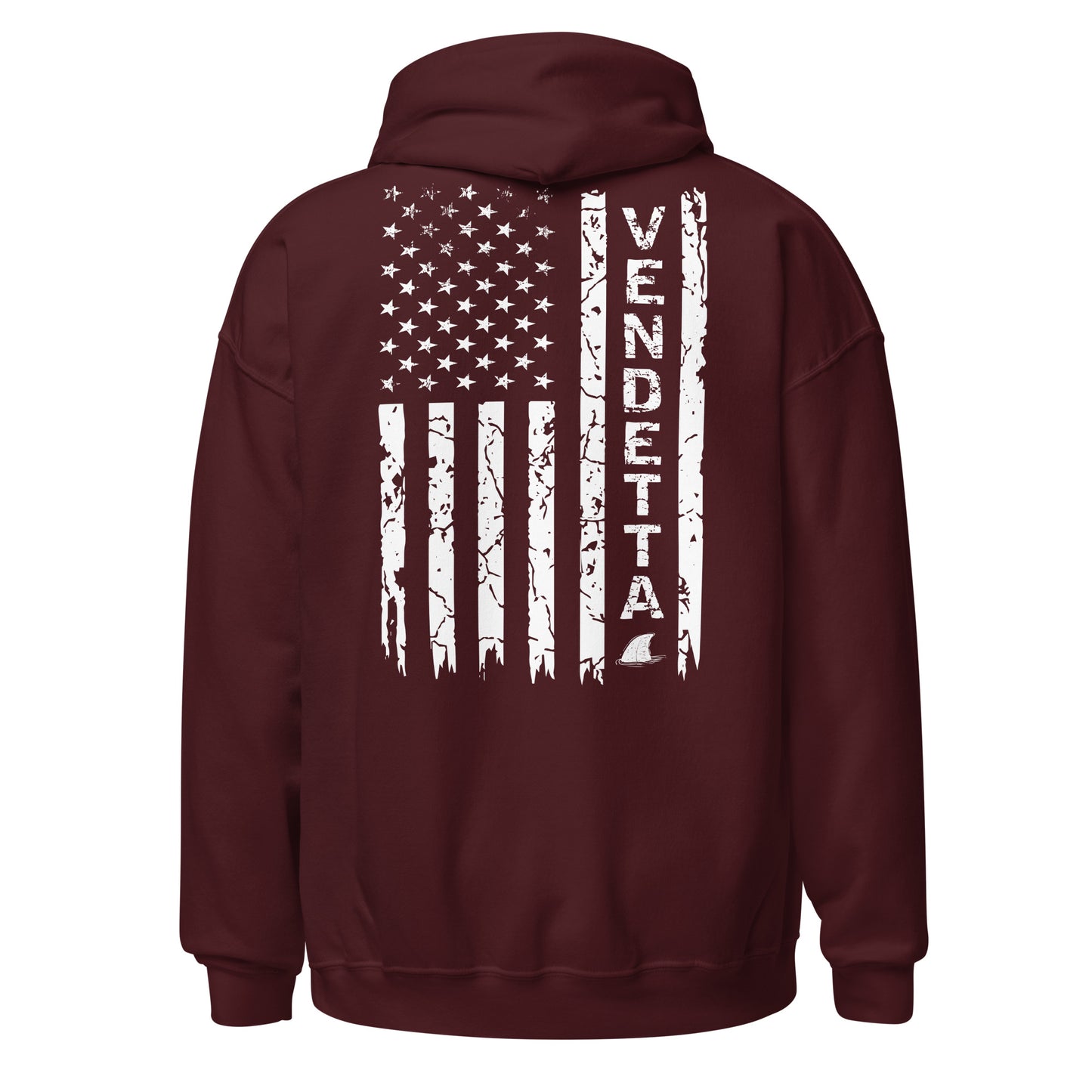 Maroon hoodie with white american flag and shark fin print. Beach apparel for women. Island apparel for men. Fishing and island gear.