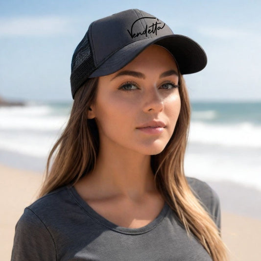 Vendetta Black Embroidery Snapback Trucker Hat - Charcoal and Black