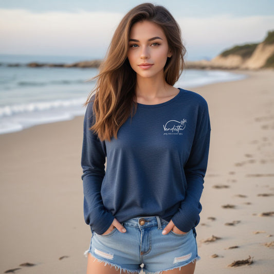 Happiness Comes in Waves Long Sleeve Tee - Heather Navy