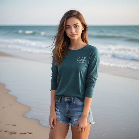 Happiness Comes in Waves Long Sleeve Tee - Heather Deep Teal