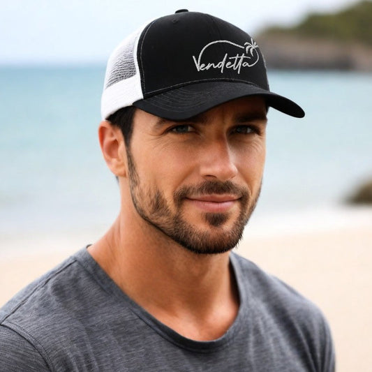 Vendetta White Embroidery Snapback Trucker Hat - Black and White
