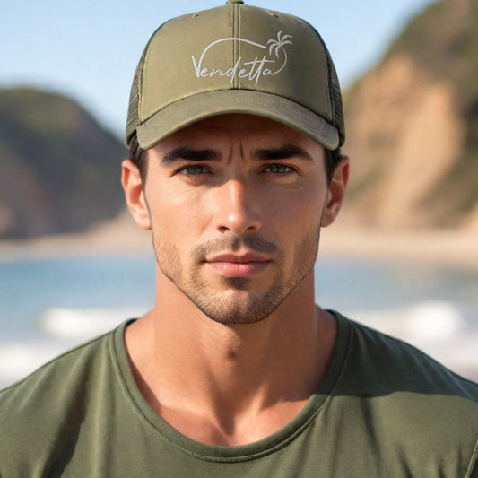Vendetta White Embroidery Snapback Trucker Hat - Loden