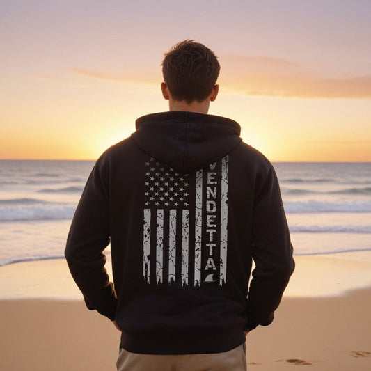 Black hoodie with white american flag and shark fin print. Beach apparel. Island apparel. Fishing and island gear.
