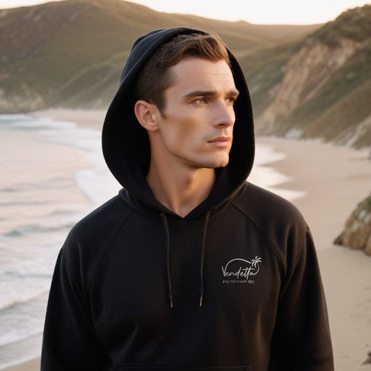 Black hoodie with white american flag and shark fin print. Beach apparel. Island apparel. Fishing and island gear.