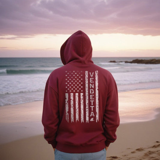 Maroon hoodie with white american flag and shark fin print. Beach apparel for women. Island apparel for men. Fishing and island gear.