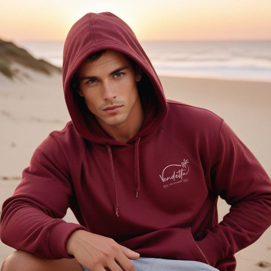 Maroon hoodie with white american flag and shark fin print. Beach apparel for women. Island apparel for men. Fishing and island gear.