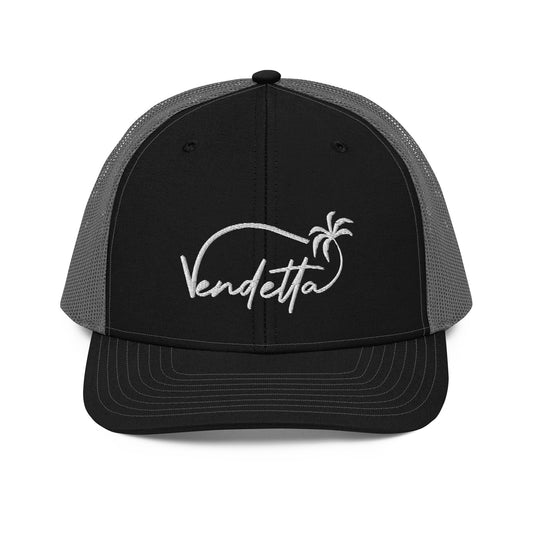 Vendetta White Embroidery Snapback Trucker Hat - Black and Charcoal