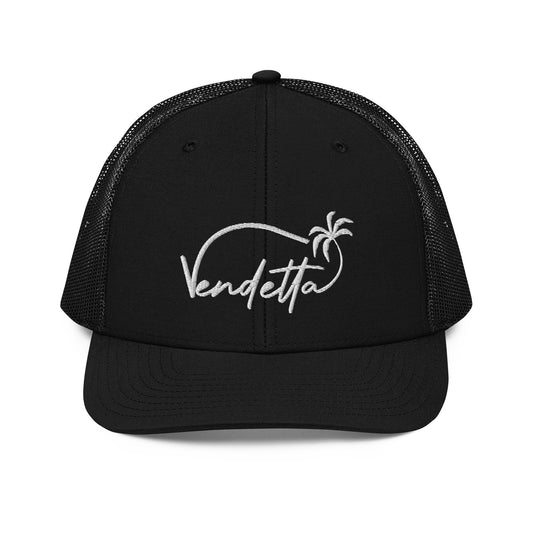 Vendetta White Embroidery Snapback Trucker Hat - Black on Black