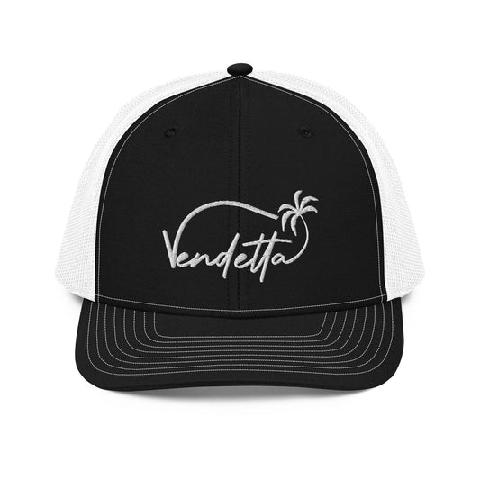 Vendetta White Embroidery Snapback Trucker Hat - Black and White