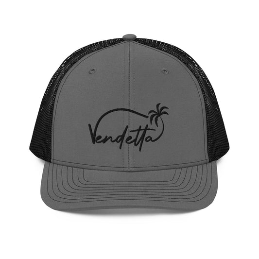 Vendetta Black Embroidery Snapback Trucker Hat - Charcoal and Black