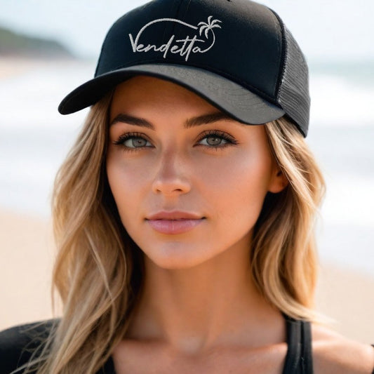 Vendetta White Embroidery Snapback Trucker Hat - Black and Charcoal